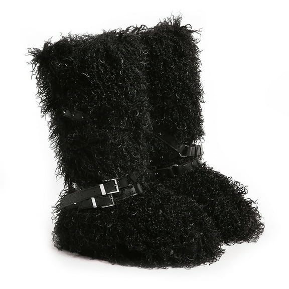 Women Winter Warm Fluffy Faux Mogolian Fur Mid-Calf Snow Boots Y2K Non-slip Plush Short Boots with Belts