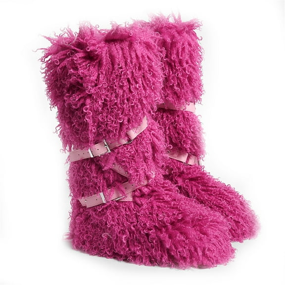 Women Winter Warm Fluffy Faux Mogolian Fur Mid-Calf Snow Boots Y2K Non-slip Plush Short Boots with Belts