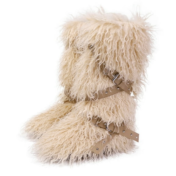 Women Winter Warm Fluffy Faux Mongolian Fur Knee High Snow Boots Girl's Stylish Thick Sole Long Boots