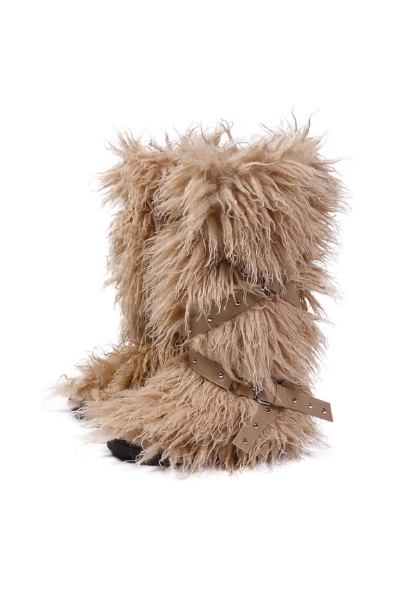 Women Winter Warm Fluffy Faux Mongolian Fur Knee High Snow Boots Girl's Stylish Thick Sole Long Boots