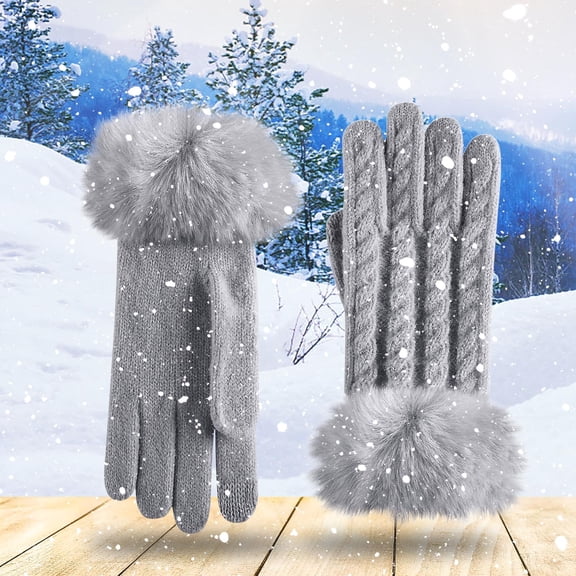 Women Winter Warm Gloves Thicken Warm Cold Proof Knitted Faux Fur Cuff Stylish Plush Outdoor Cycling Glove (Free Size, Gray)