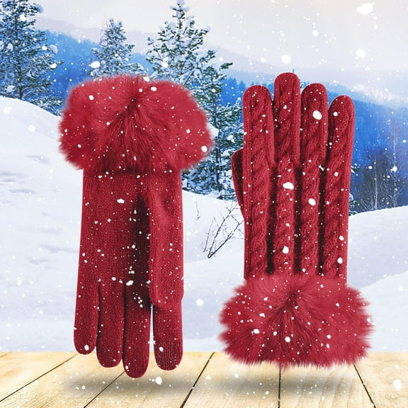 Women Winter Warm Gloves Thicken Warm Cold Proof Knitted Faux Fur Cuff Stylish Plush Outdoor Cycling Glove (Free Size, Red)