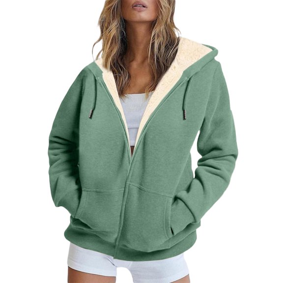 Women Winter Warm Hoodies Velvet Lined Full Zip Casual Sweatshirts Long Sleeve Drawstring Hooded Sweatshirt Mint Green L