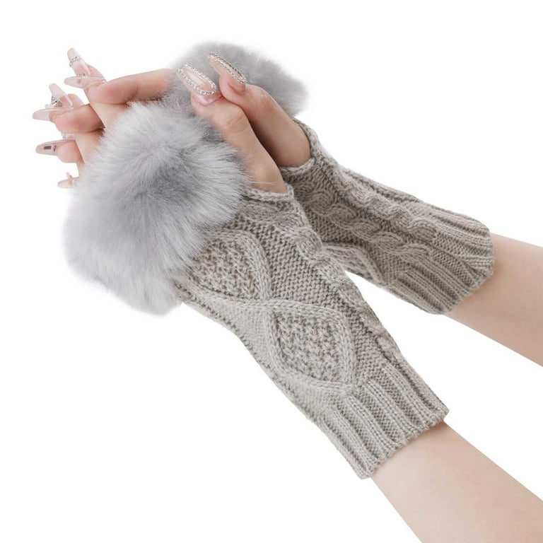Women Winter Warm Knit Fingerless Gloves Fashion Solid Color Fleece Cozy  Arm Warmers Thumb Holes for Half Mittens Gray