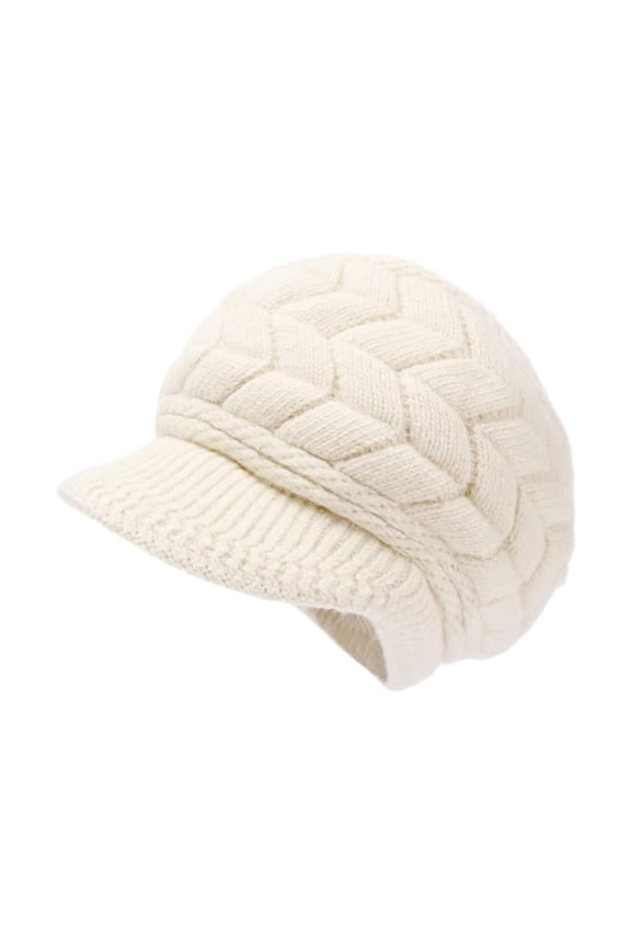 Women Winter Warm Knit Hat Slouchy Beanie Cap with Visor, Flat Brim Shape Faux Rabbit Fur Fashion Women Hat for Cold Weather