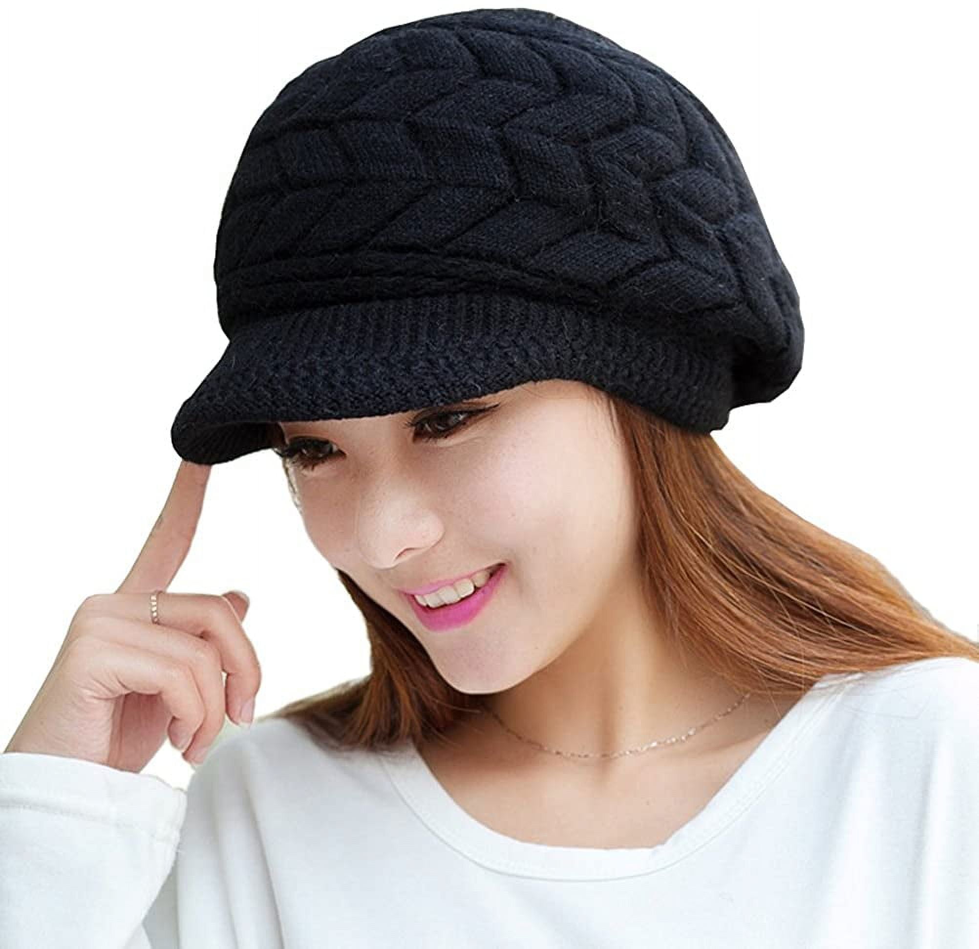 ?Women’s Wine Winter Warm Knit Wool Snow Ski Hat with Visor Womens Winter Beanie Hat Warm Knitted Slouchy Wool Hats Cap  main image 2