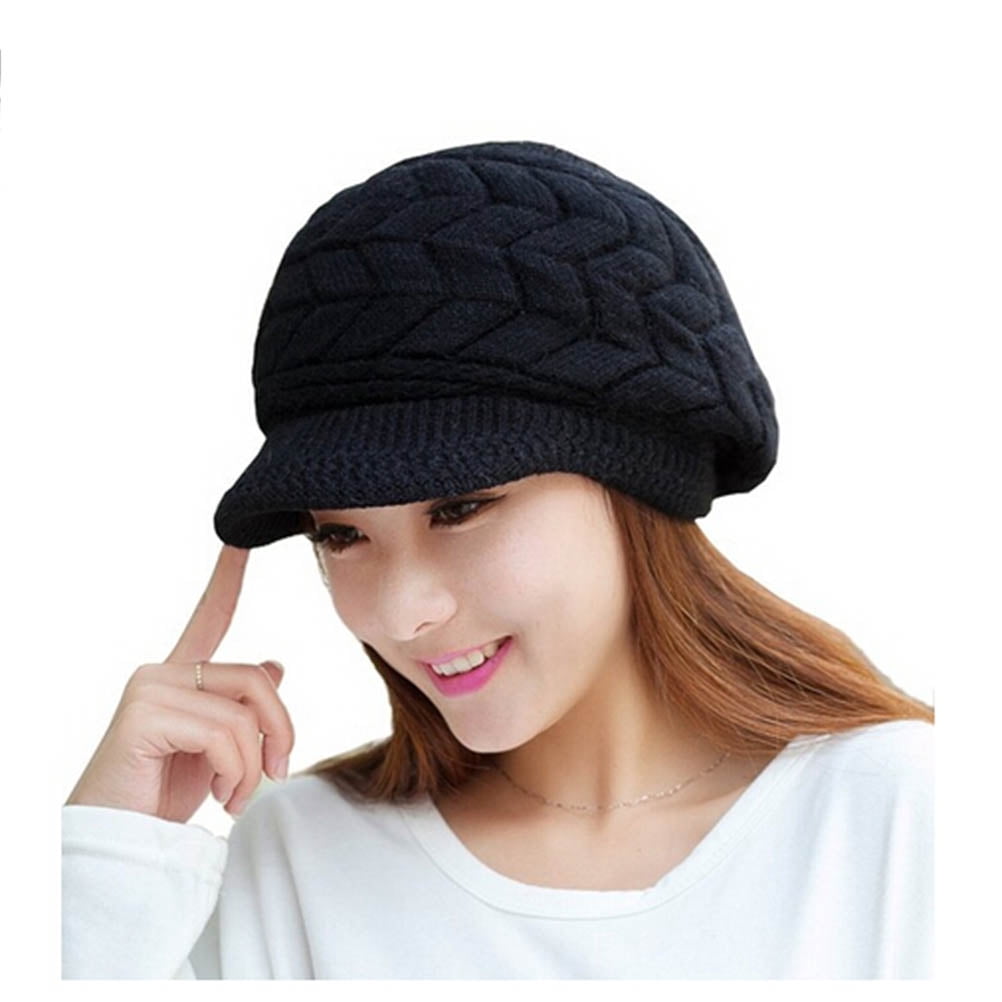 Women Winter Warm Knit Hat Wool Snow Ski With Visor (Black  display picture 1