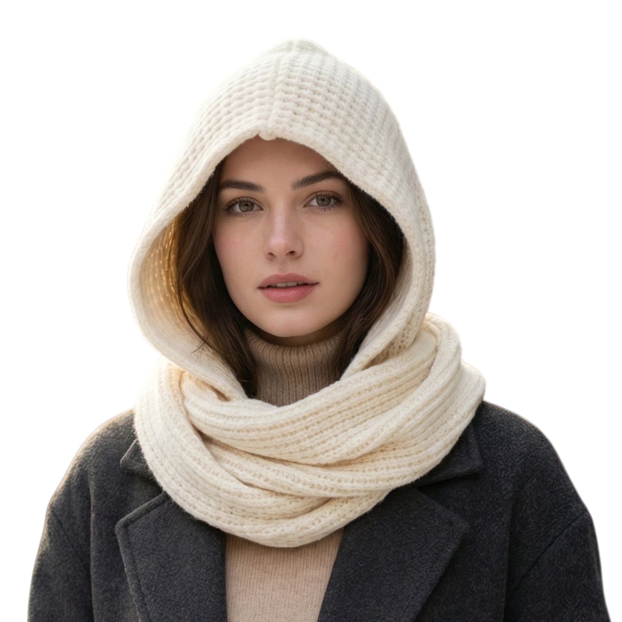 Women Winter Warm Knit Hooded Scarf Hoodie Hat and Scarf Set in One ...