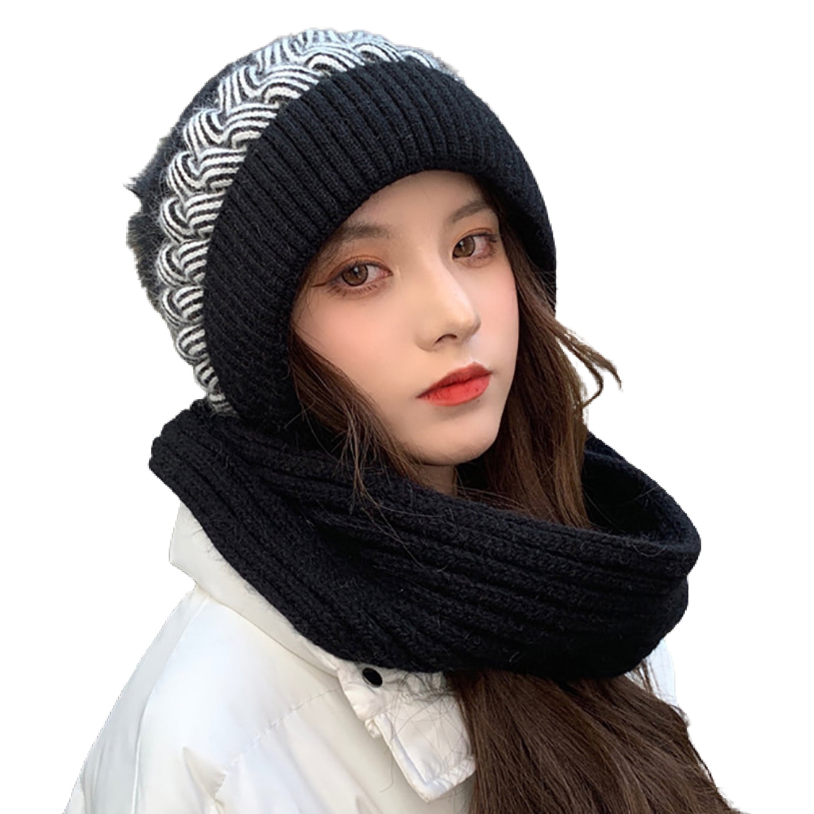 Winter Women's 3-in-1 Knitted Cashmere Wool Hat Scarf & Collar Set - Hooded Earmuffs Beanie