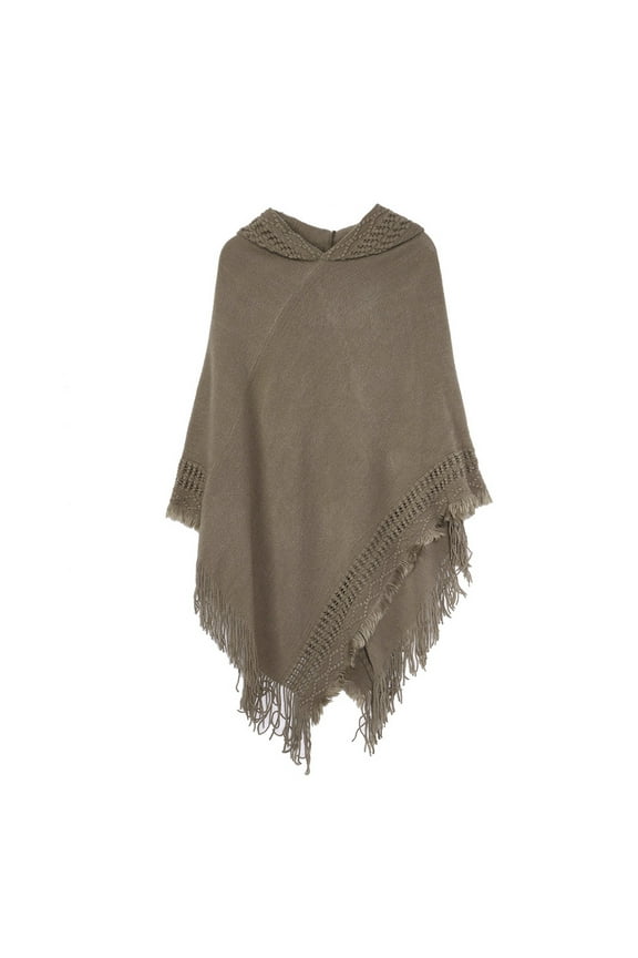 Women Winter Warm Knitted Hooded Poncho Cape Solid Color Crochet Fringed Tassel Shawl Wrap Oversized Pullover Cloak Sweater Top