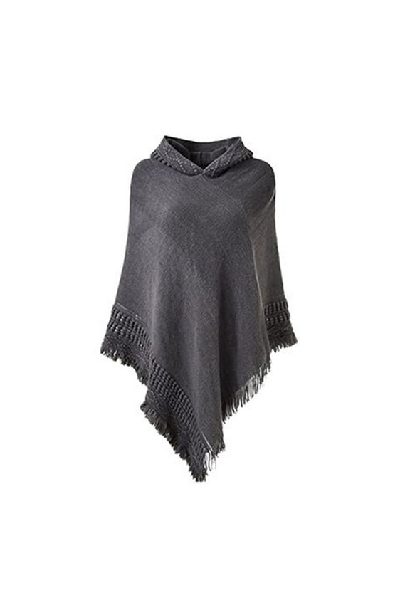 Women Winter Warm Knitted Hooded Poncho Cape Solid Color Crochet Fringed Tassel Shawl Wrap Oversized Pullover Cloak Sweater Top