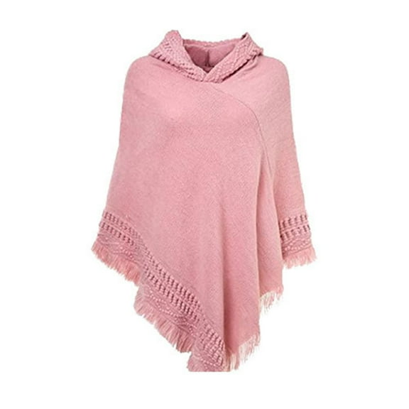 Women Winter Warm Knitted Hooded Poncho Cape Solid Color Crochet Fringed Tassel Shawl Wrap Oversized Pullover Cloak Sweater Top