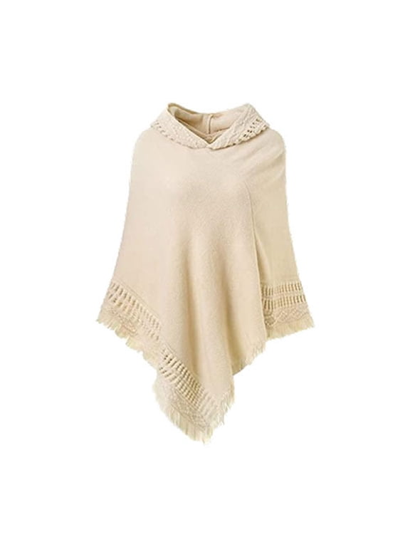 Women Winter Warm Knitted Hooded Poncho Cape Solid Color Crochet Fringed Tassel Shawl Wrap Oversized Pullover Cloak Sweater Top