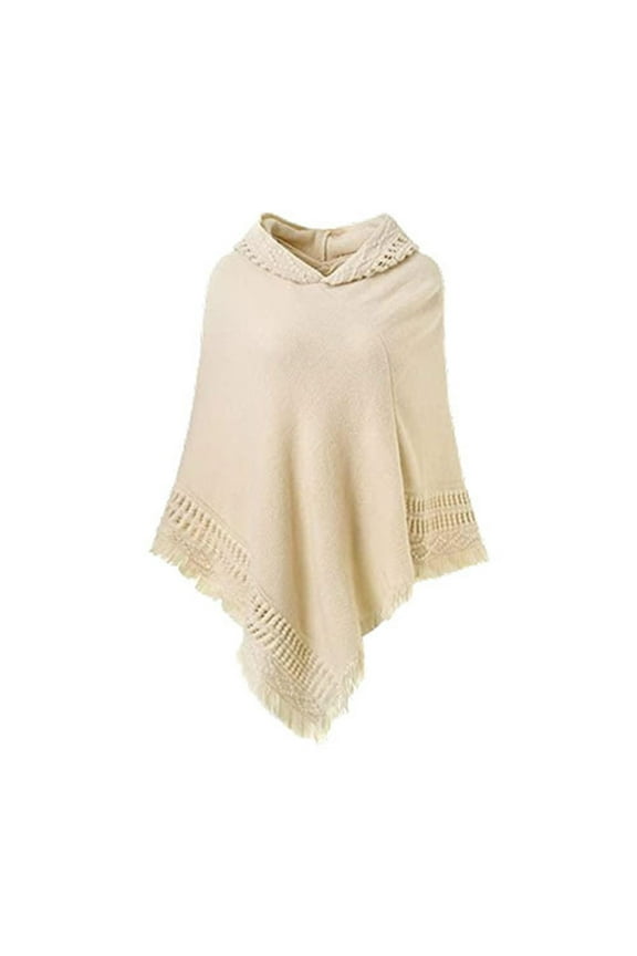 Women Winter Warm Knitted Hooded Poncho Cape Solid Color Crochet Fringed Tassel Shawl Wrap Oversized Pullover Cloak Sweater Top