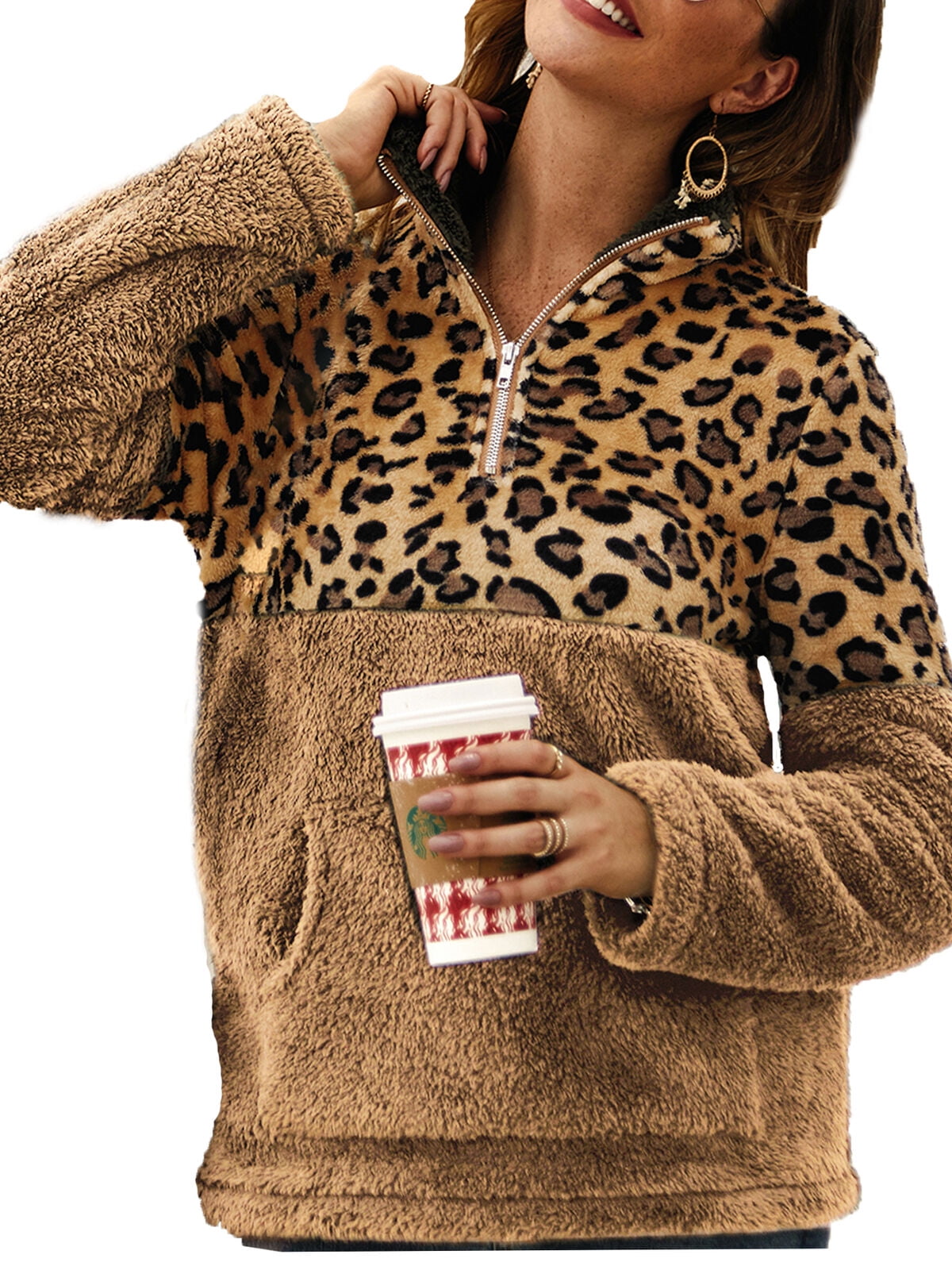 Women Winter Warm Leopard Print Fleece Pullover Tops Coat Jacket