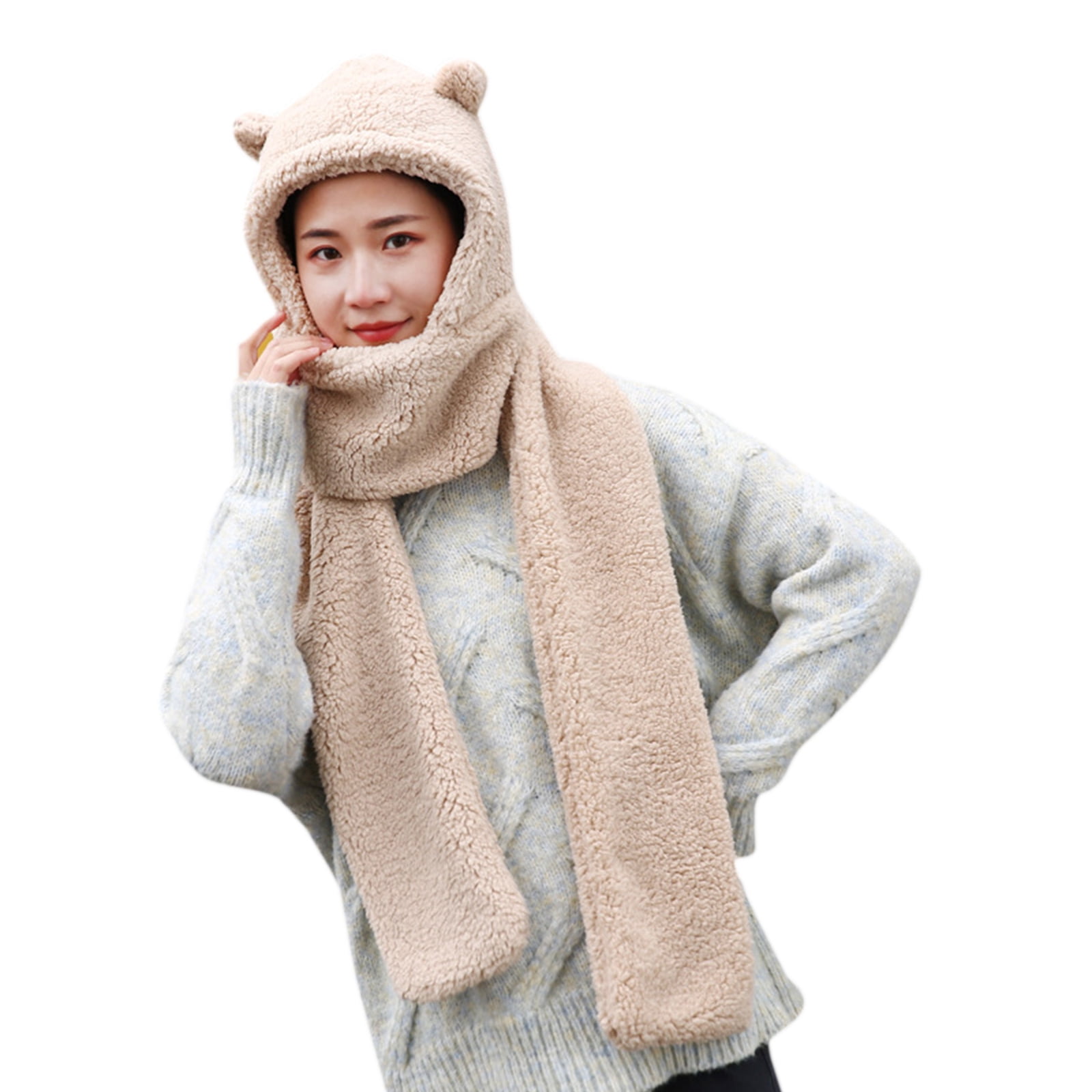 Women Winter Warm Plush One-Piece Hat Scarf Bear Ears Thermal
