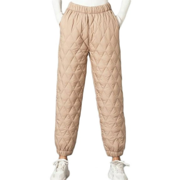 Women Winter Warm Puffy High Waist Down Cotton Pants Quilted Padded Diamond Plaid Loose Windproof Joggers Sweatpants Closed Bottom Snow Trousers with Pockets