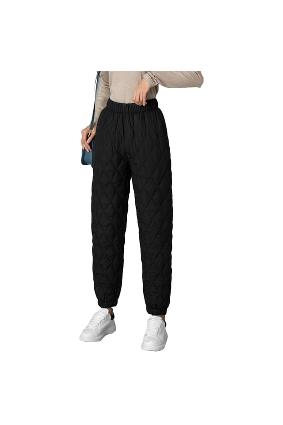 Women Winter Warm Puffy High Waist Down Cotton Pants Quilted Padded Diamond Plaid Loose Windproof Joggers Sweatpants Closed Bottom Snow Trousers with Pockets