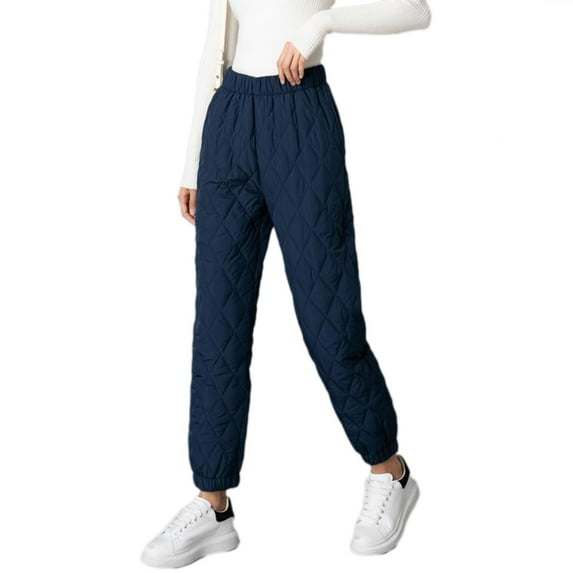 Women Winter Warm Puffy High Waist Down Cotton Pants Quilted Padded Diamond Plaid Loose Windproof Joggers Sweatpants Closed Bottom Snow Trousers with Pockets