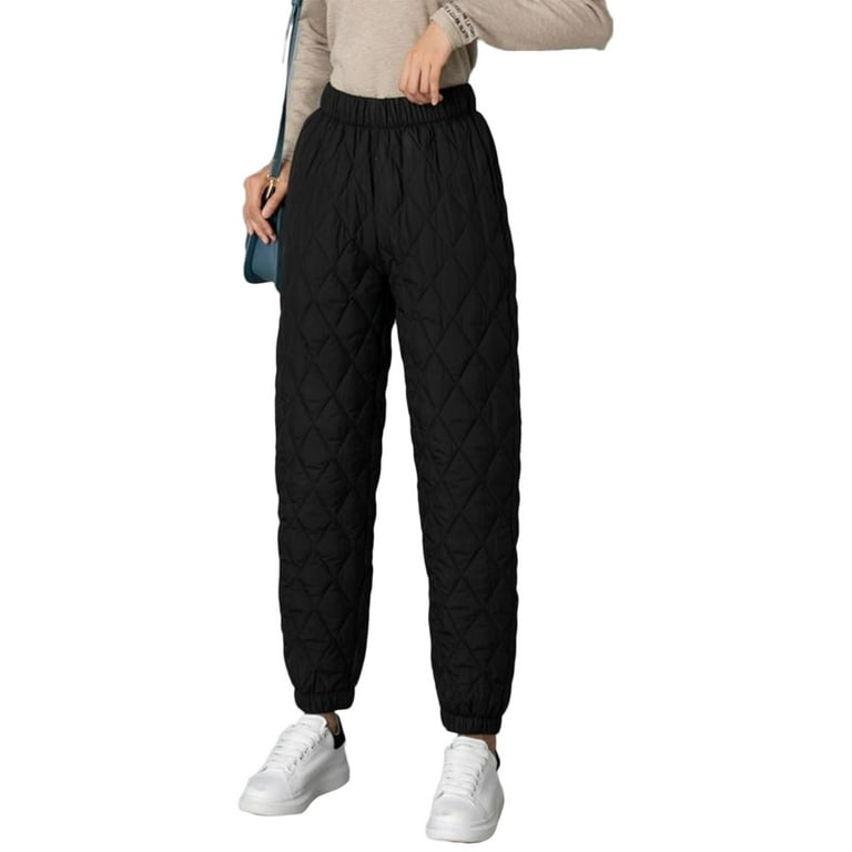 Women Winter Warm Puffy High Waist Down Cotton Pants Quilted Padded Diamond  Plaid Loose Windproof Joggers Sweatpants Closed Bottom Snow Trousers with