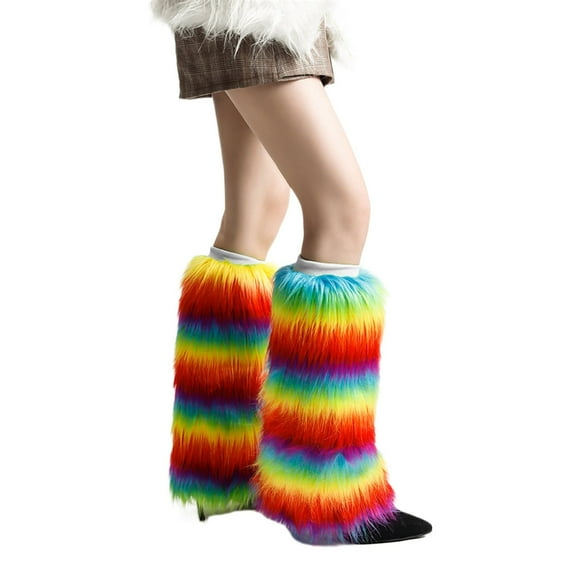 Women Winter Warm Rainbow Plush Leg Warmer Stockings Japanese Aesthetic Leggings Boot Cuff Bright Colorful Fuzzy Socks