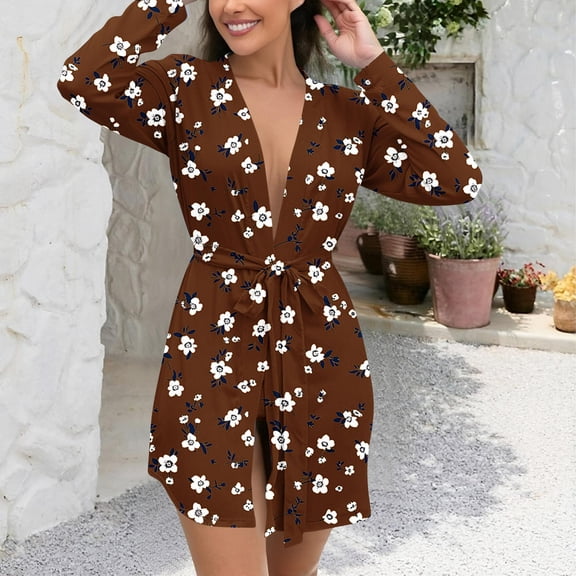 Women Winter Warm Robes Short Lightweight Nightgown Soft Knit Sleepwear Casual Bathrobe Ladies Loungewear New Women Robe Lightweight Style B-1 Coffee L