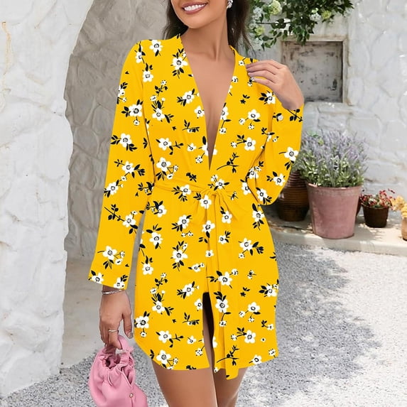 Women Winter Warm Robes Short Lightweight Nightgown Soft Knit Sleepwear Casual Bathrobe Ladies Loungewear Style B-2 New Yellow M