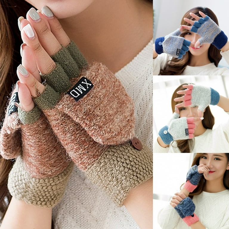 Women Winter Warm Thick Knitted Flip Cover Fingerless Gloves Mitten Hand  Warmer