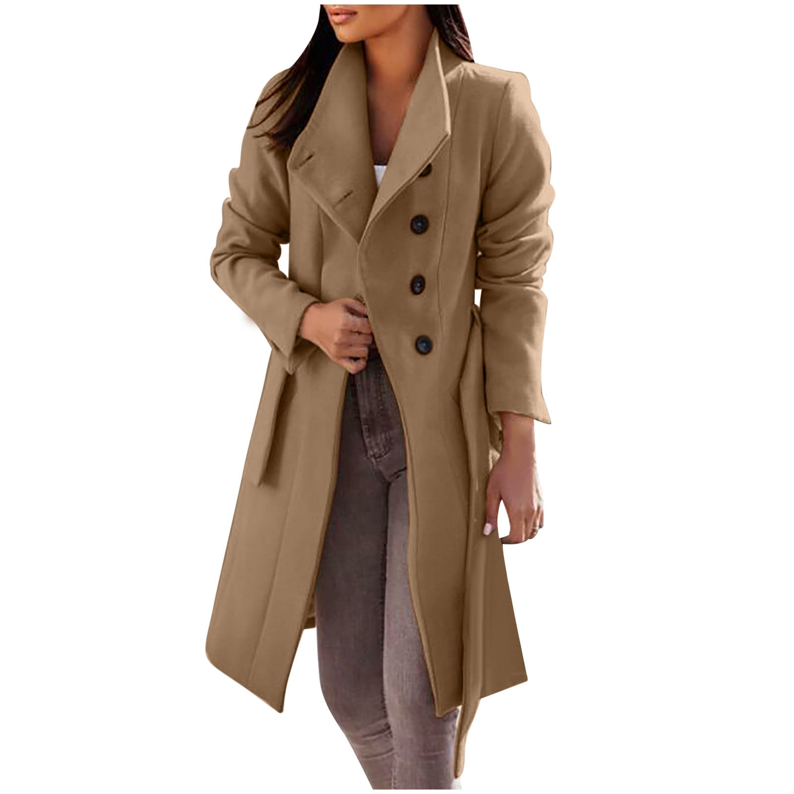 Women Winter Wool Blend Coat Ladies Single Breasted Pea Coat Elegant Winter  Lapel Trench Jacket Overcoat Outwear Pockets
