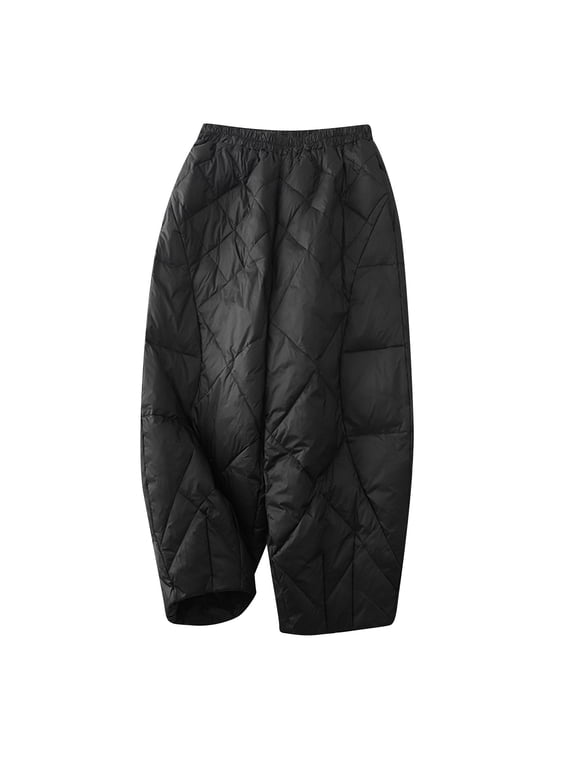 Women Winter Warm down Cotton Pants Thicker Padded Quilted Pants Relaxed Fit Wide Leg Trousers with Pockets (XXL, Black)