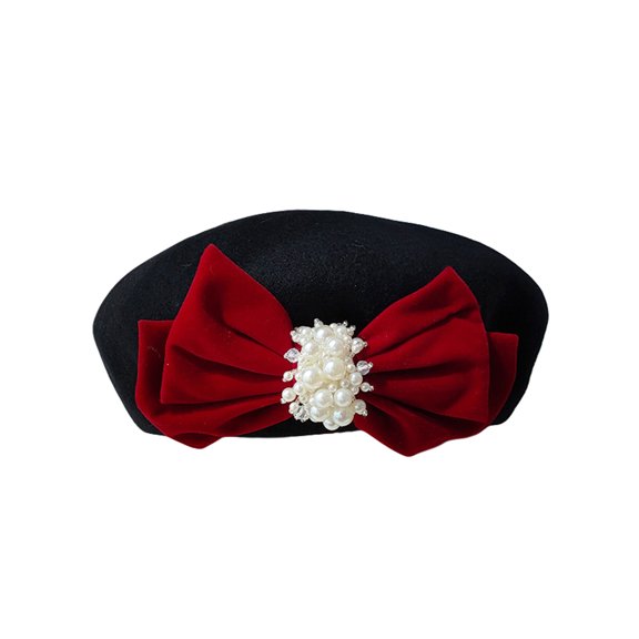 Women Winter Wool Berets Pearl Bow Artist Beanie Cap Painter Beret for Travel, Shopping, Party