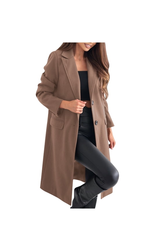 Women Winter Wool Blend Camel Mid-Long Coat Notch Double-Breasted Lapel Jacket Outerwear