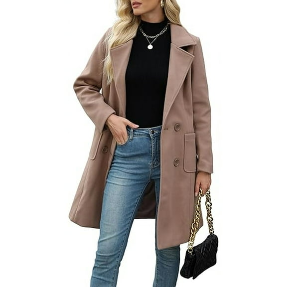 Women Winter Wool Blend Camel Mid-Long Coat Notch Double-Breasted Lapel Jacket Outwear