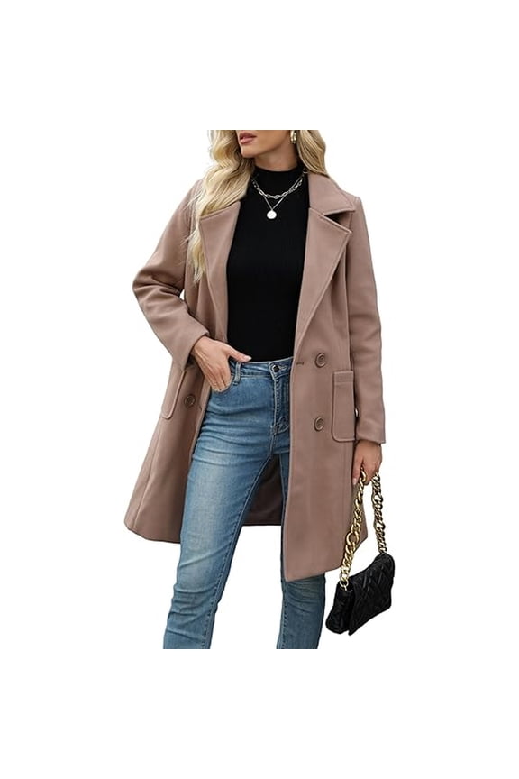 Women Winter Wool Blend Camel Mid-Long Coat Notch Double-Breasted Lapel Jacket Outwear