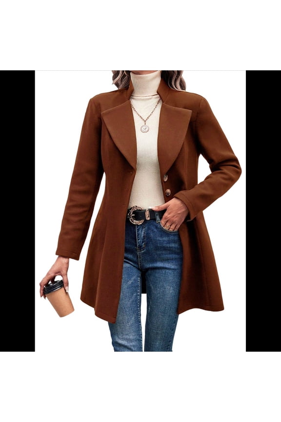 Women Winter Wool Blend Camel Mid-Long Coat - Singular-Breasted Lapel Jacket Outwear Coffee Color L