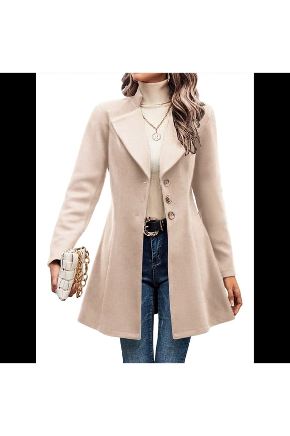 Women Winter Wool Blend Camel Mid-Long Coat - Singular-Breasted Lapel Jacket Outwear M