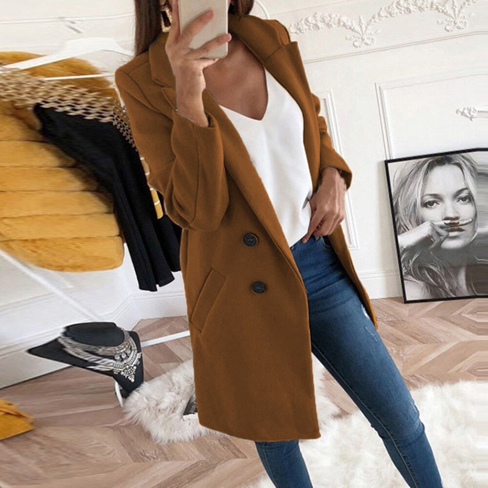 Women Winter Wool Blend Mid Long Cardigan Trench Coat Notch Collar Double Breasted Jacket Outwear Overcoat Plus Size Walmart
