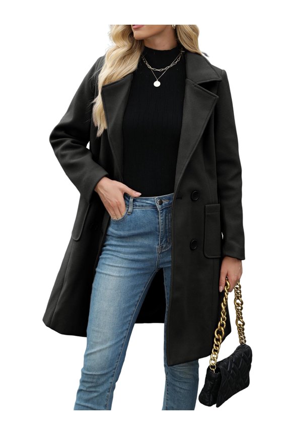Women Winter Wool Blend Mid-Long Coat Double-Breasted Lapel Jacket Outwear Black L