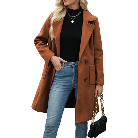 Women Winter Wool Blend Mid-Long Coat Double-Breasted Lapel Jacket Outwear Brown S