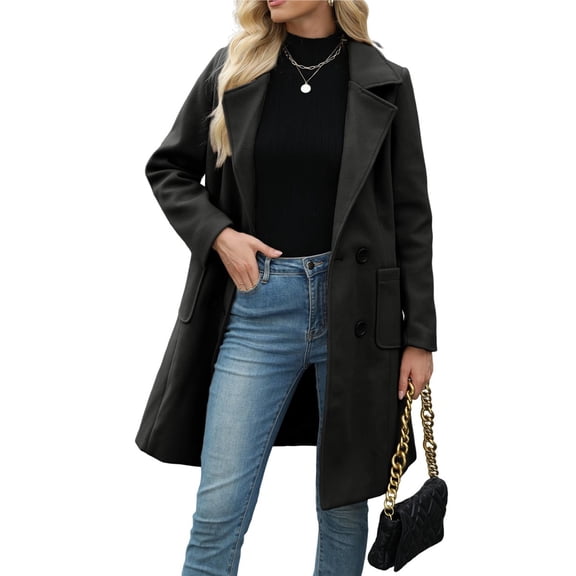 Women Winter Wool Blend Mid-Long Coat Double-Breasted Lapel Jacket Outwear
