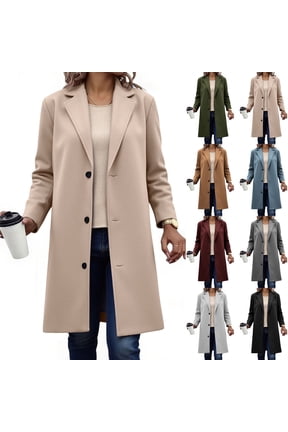 Women Winter Wool Coat Casual Knee Length Long Sleeve Solid Color Thicken Wool Notch Collar Breasted Comfortable Peacoat with Pockets