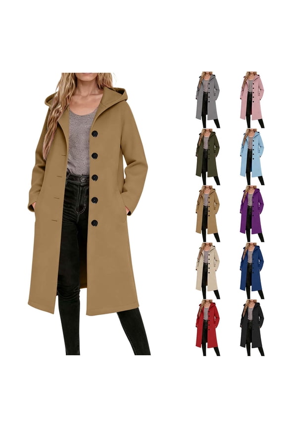 Women Winter Wool Coat Casual Notch Collar Long Sleeve Solid Colo Comfortable Knee Length Pockets Breasted Wool Blend Over Peacoat
