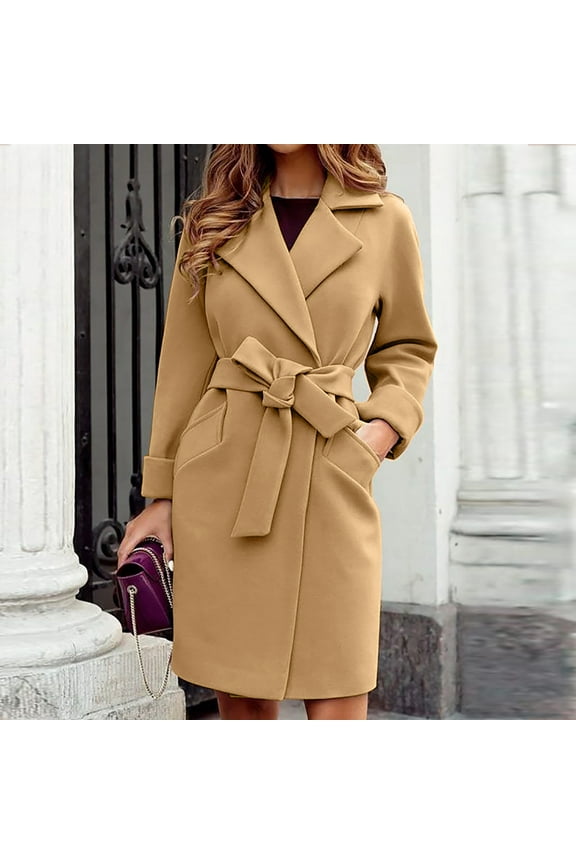 Women Winter Wrap Peacoat Casual Open Front Lapel Belted Long Sleeve Trench Coats Elegant Solid Lounge Overcoat Outwear