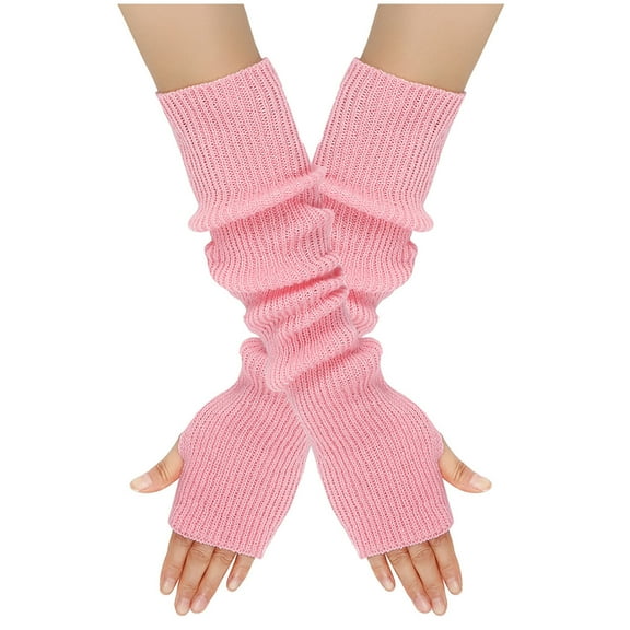 Women Winter Wrist Arm Warmer Solid ted Long Fingerless Gloves Mitten Pink Size