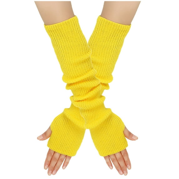 Women Winter Wrist Arm Warmer Solid Knitted Long Fingerless Gloves Mitten Yellow Free Size