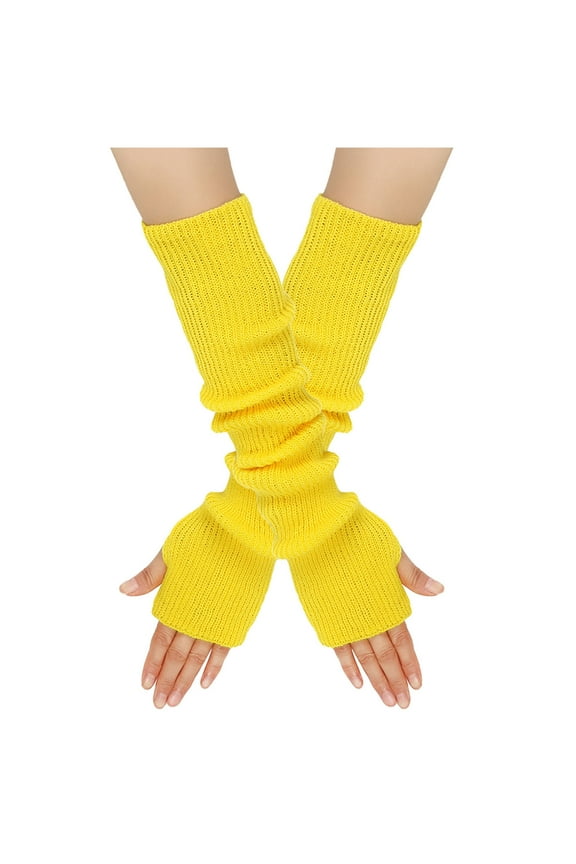 Women Winter Wrist Arm Warmer Solid Knitted Long Fingerless Gloves Mitten Yellow Free Size