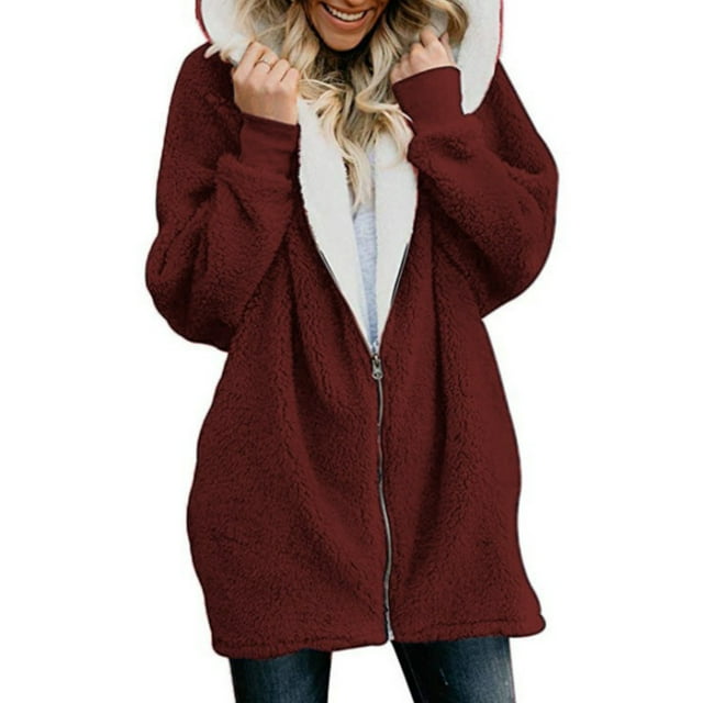 Women Winter Zipper Fleece Coat Ladies Mid-Length Fluffy Jacket Fleece Color Stitching Loose Fit Cardigan for Ladies