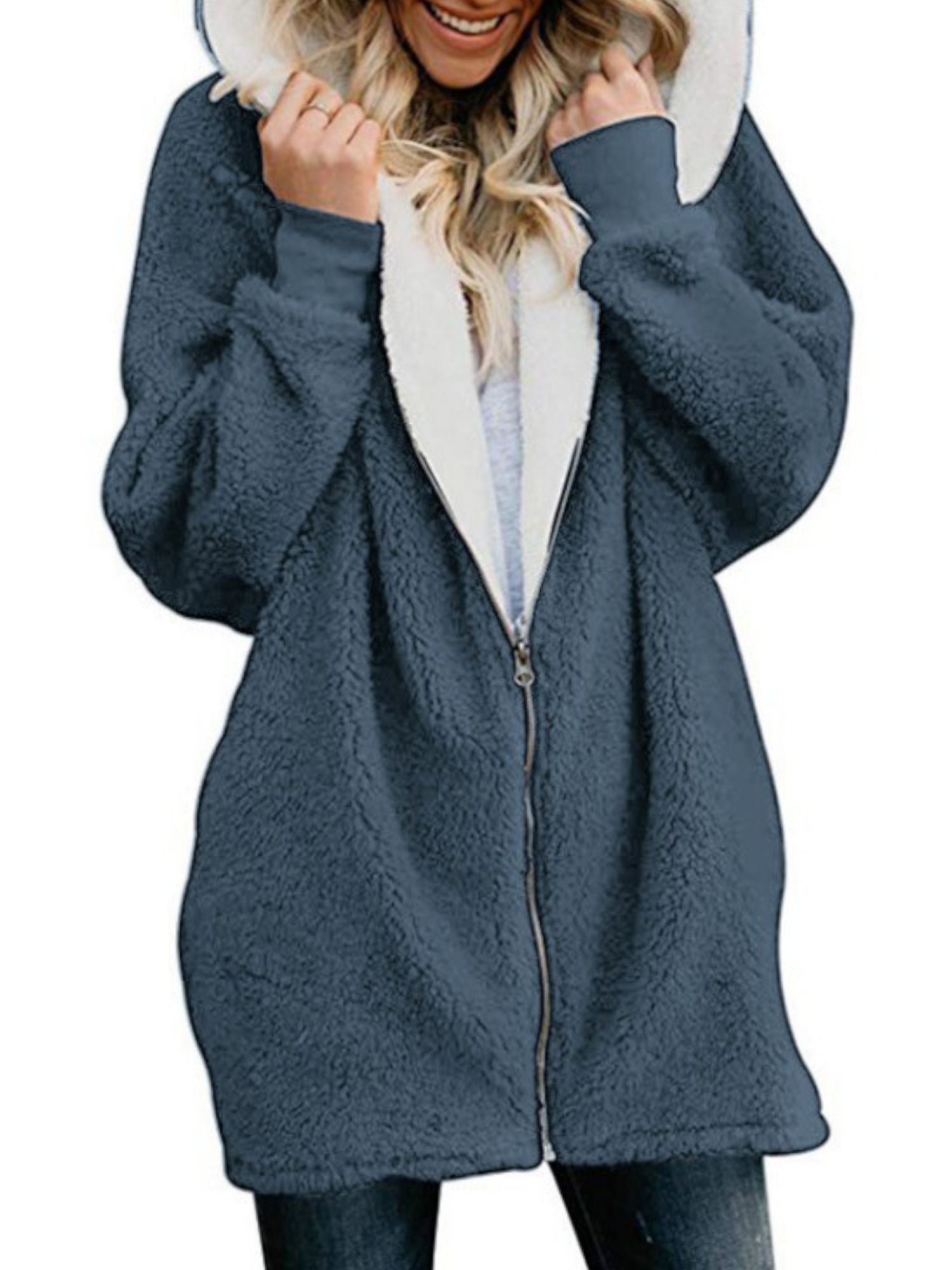 Women Winter Zipper Fleece Coat Ladies Mid-Length Fluffy Jacket Fleece Color Stitching Loose Fit Cardigan for Ladies - image 1 of 2