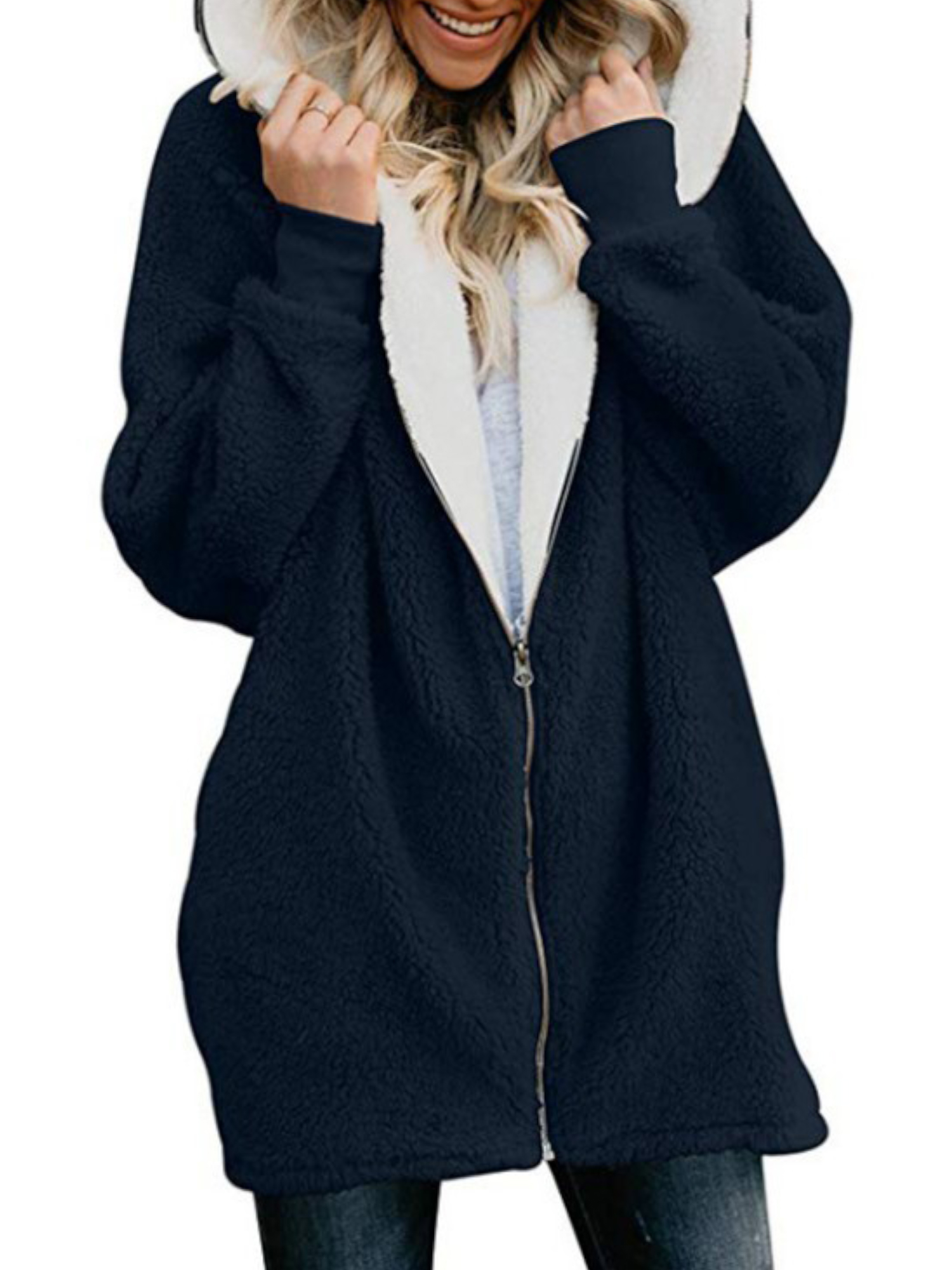 Women Winter Zipper Fleece Coat Ladies Mid-Length Fluffy Jacket Fleece Color Stitching Loose Fit Cardigan for Ladies - image 1 of 3