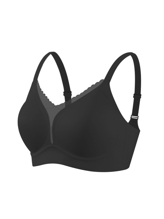 Women Wireless Bra Scallop Lace V‑Neck Comfort Bralette Adjustable Thin Strap Everyday Support Bra Nylon,Spandex Black L 113